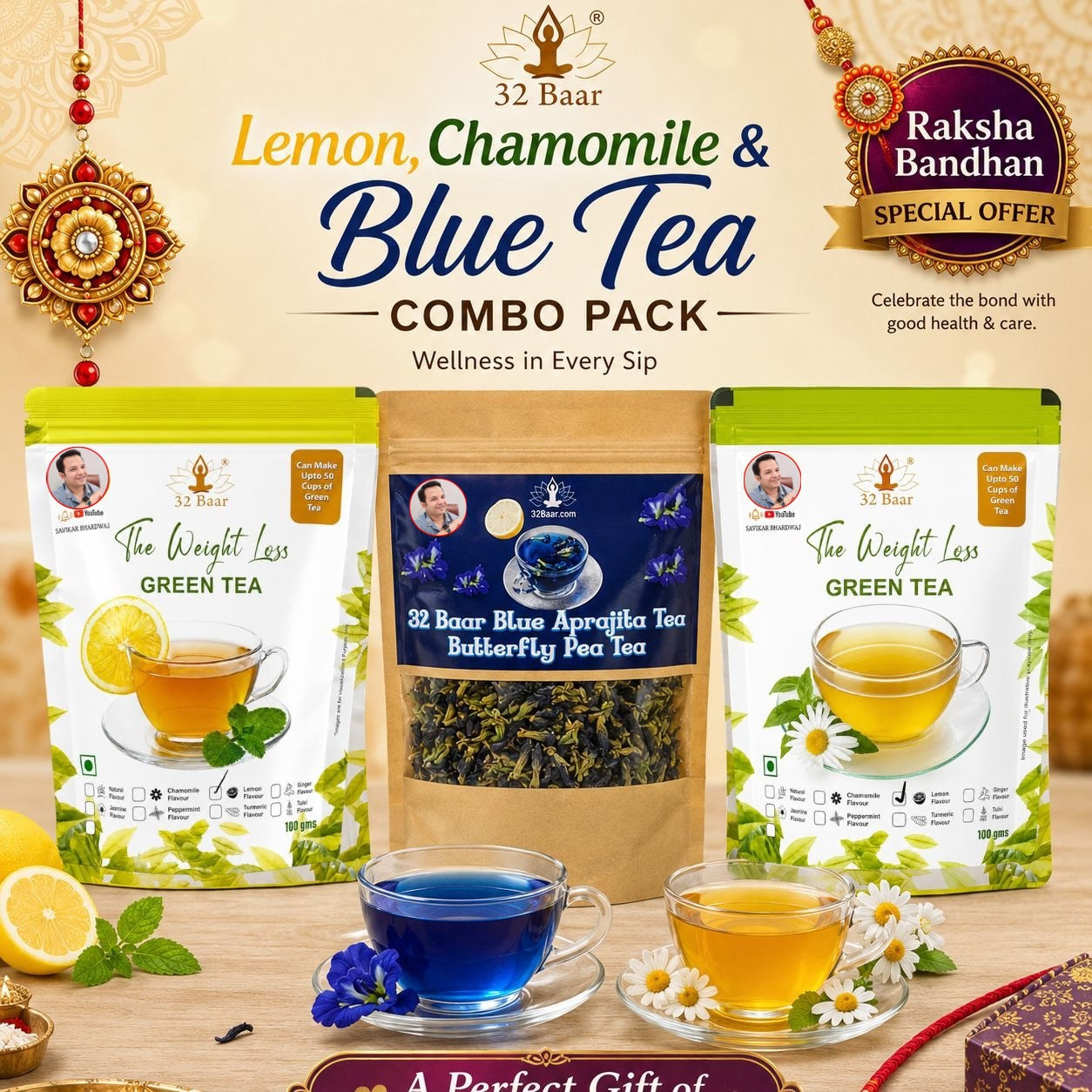 RakshaBandhan OFFER PACK OF CHAMOMILE AND LEMON GREEN TEA WITH APRAJITA BLUE TEA