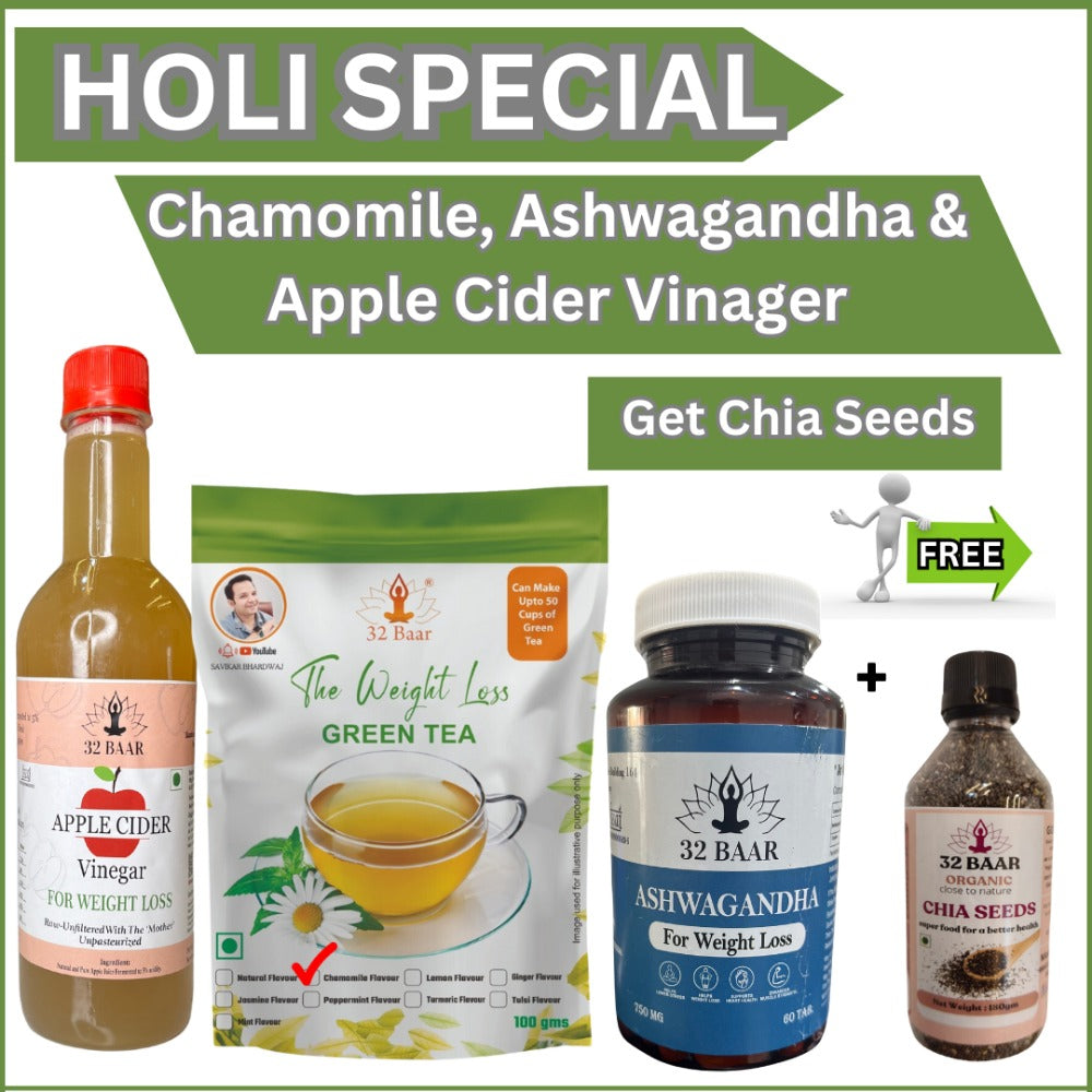 PACK OF ASHWAGANDA, CHAMOMILE GREEN TEA ,ACV, WITH CHIA SEEDS FREE