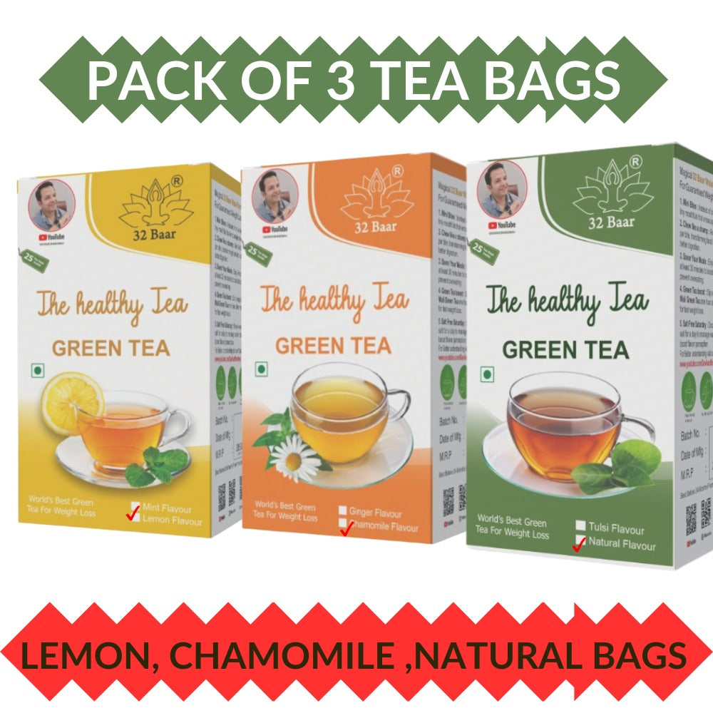 32 Baar Pack Of 3 Green Tea Bags (Chamomile, Natural, Lemon) Total Tea Bags 25*3