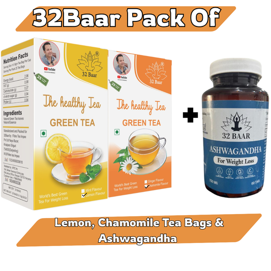 32 BAAR PACK OF 2 LEMON , CHAMOMILE GREEN TEA BAGS & ASHWAGANDHA