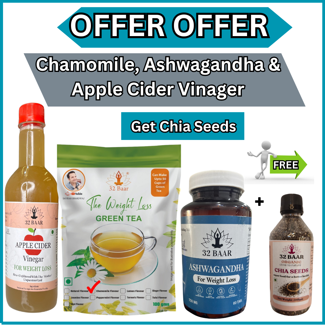 PACK OF ASHWAGANDA, CHAMOMILE GREEN TEA ,ACV, WITH CHIA SEEDS FREE