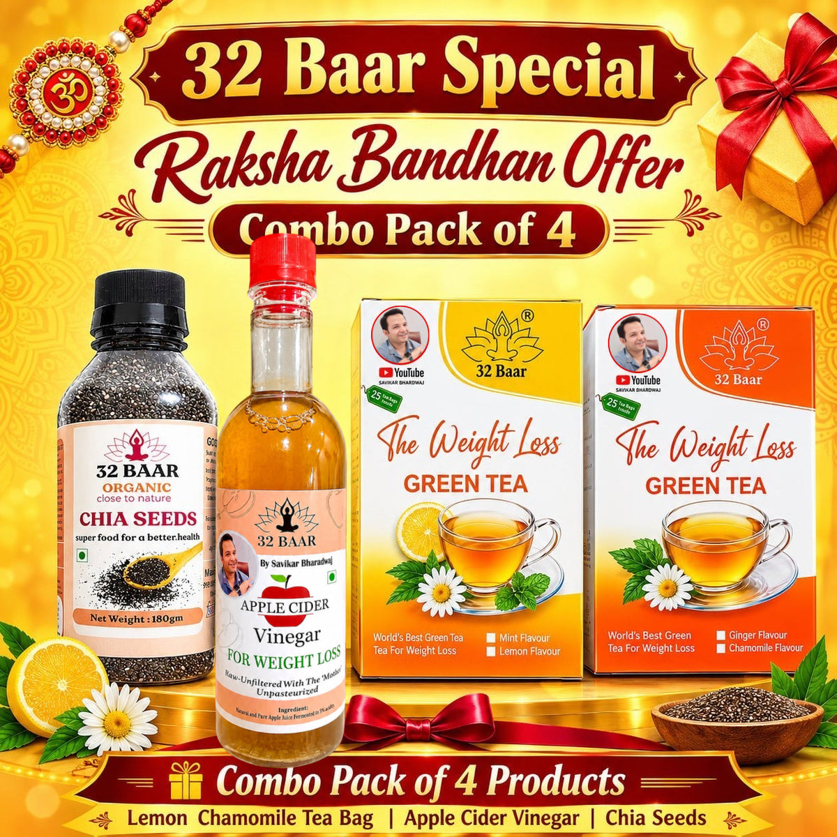 RaskshaBandhan OFFER LEMON & CHAMOMILE GREEN TEA BAGS, ACV & CHIA SEEDS