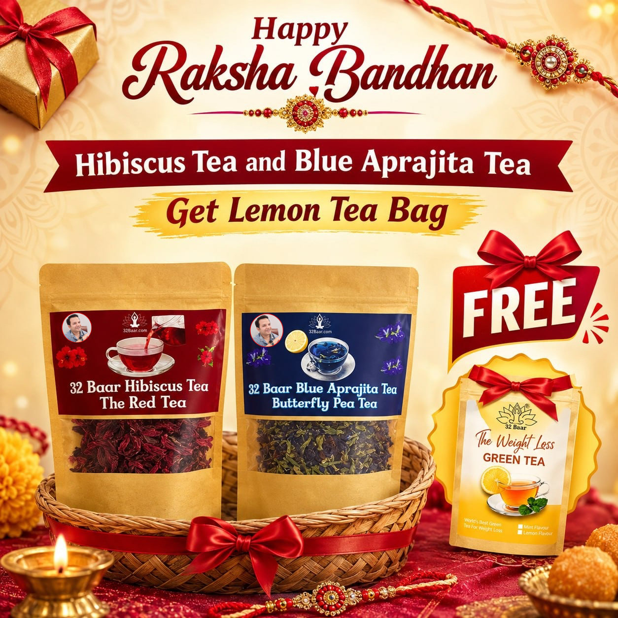 RakshaBandhan OFFER  Blue Aprajita tea & Red Hibiscus Tea with Lemon green tea bags free