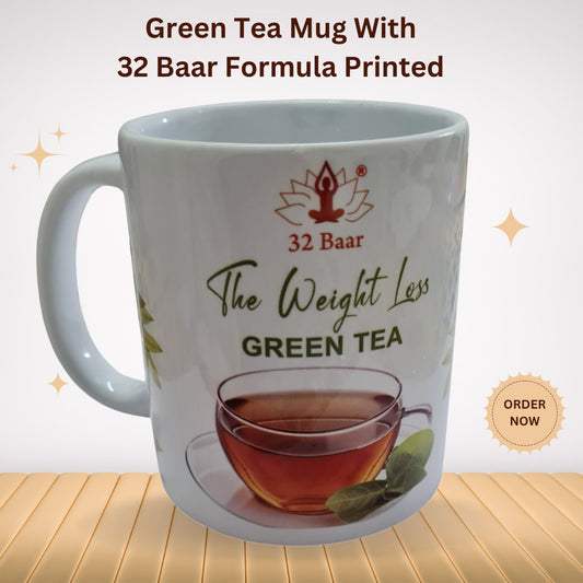 Natural Green Tea Mug With 32 Baar Formula Printed on It