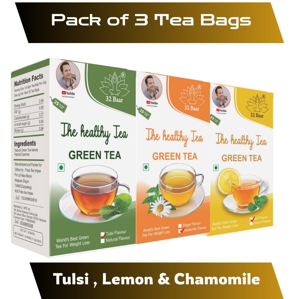 32 BAAR PACK OF 3 GREEN TEA BAGS (CHAMOMILE< LEMON & TULSI)