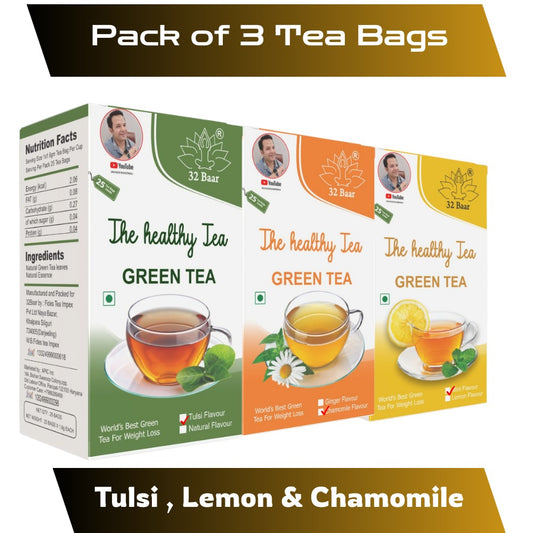 32 BAAR PACK OF 3 GREEN TEA BAGS (CHAMOMILE< LEMON & TULSI)