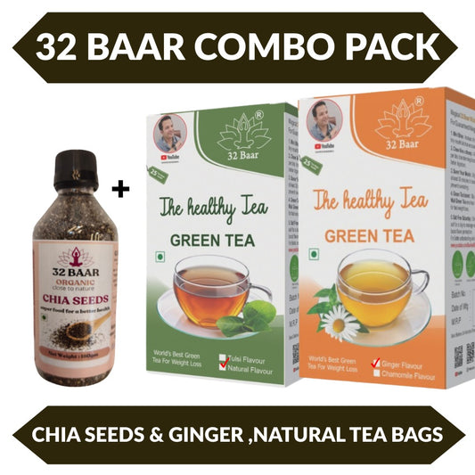 Combo Of 2 Green Tea Bags(Natural,Ginger)& Chia Seeds