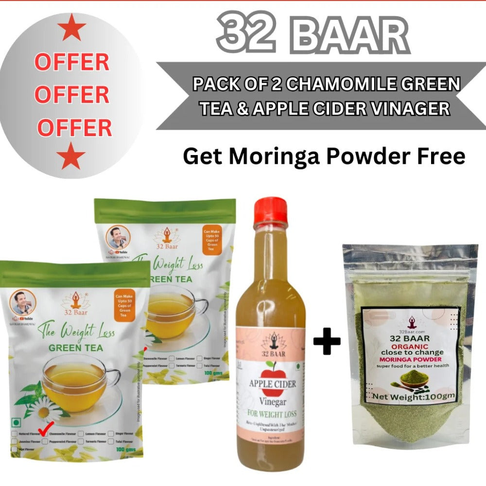 HOLI OFFER COMBO OF 2 CHAMOMILE GREEN TEA & APPLE CIDER VINAGER GET MORINGA POWDER FREE