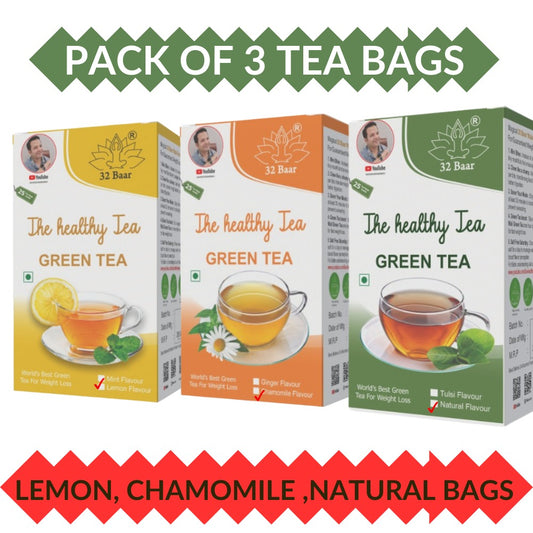 32 Baar Pack Of 3 Green Tea Bags (Chamomile, Natural, Lemon) Total Tea Bags 25*3