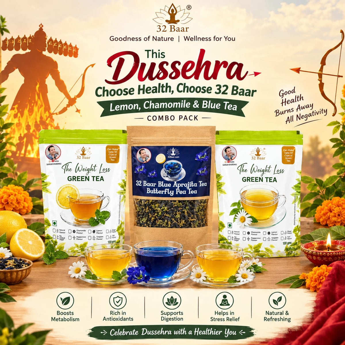 Dussehra OFFER PACK OF CHAMOMILE AND LEMON GREEN TEA WITH APRAJITA BLUE TEA
